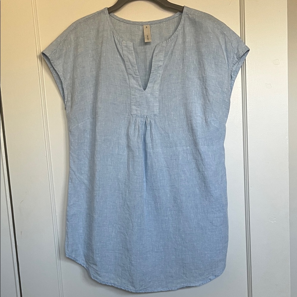 Linen Light Blue Split-Neck Cap Sleeve Tunic Size XS